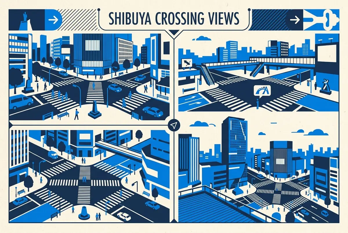 Illustrated comparison of free and paid views of Shibuya Crossing, with generic labels for street level corner, raised walkway angle and rooftop deck at Shibuya Scramble Square