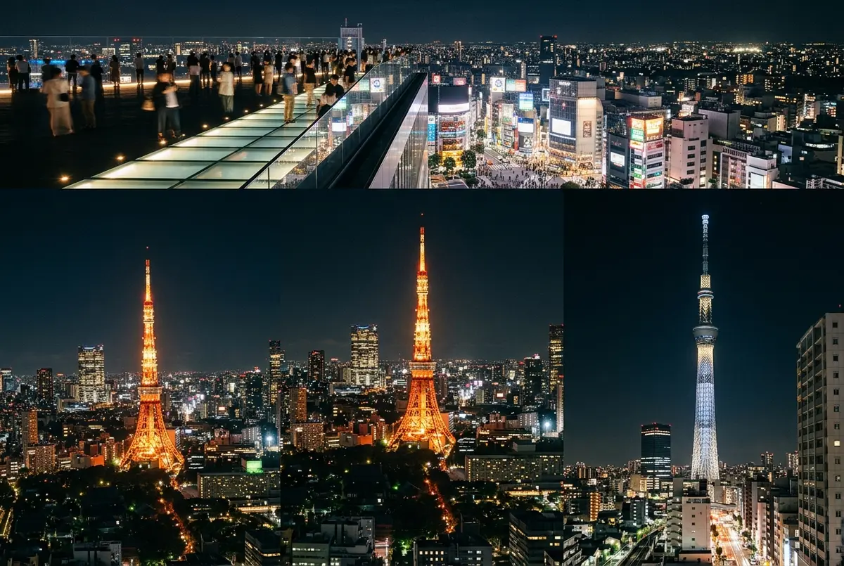 Best observation decks in Tokyo: a night skyline collage of the open-air Shibuya Sky rooftop, the red and white Tokyo Tower and the tall Tokyo Skytree
