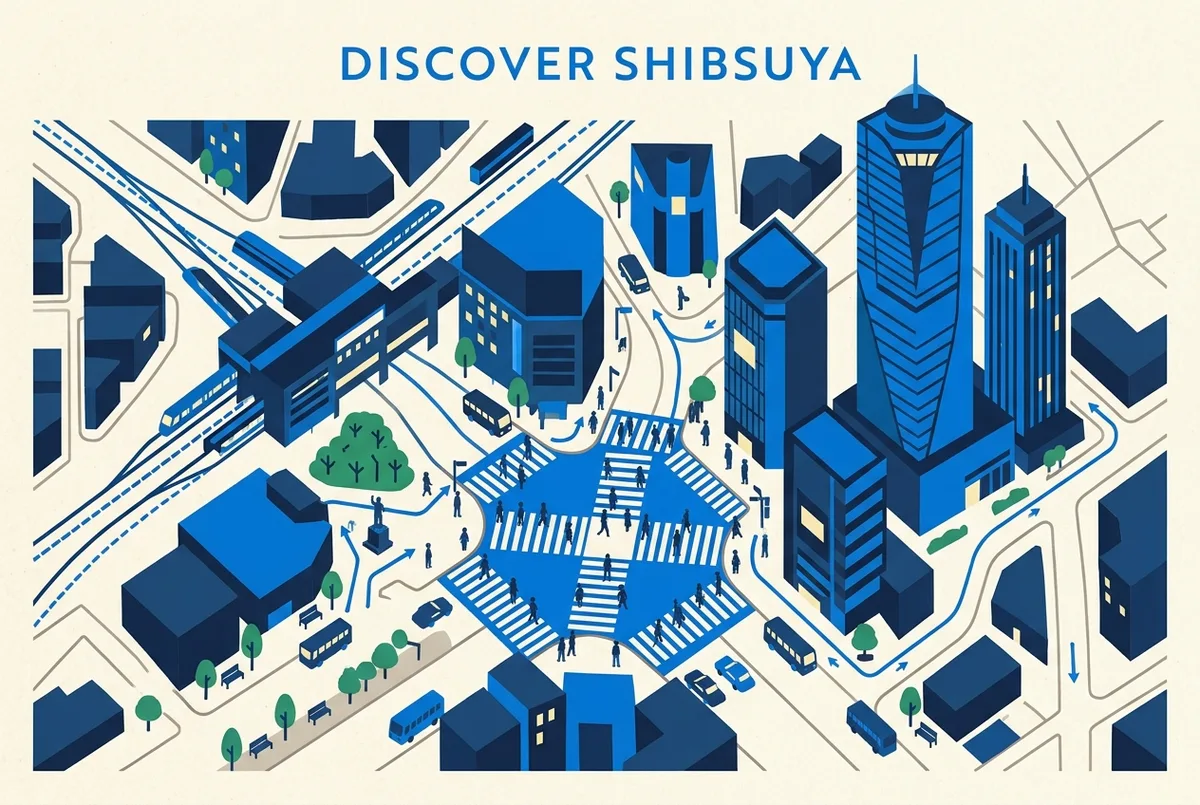 Simple map style illustration showing Shibuya Station, the Scramble Crossing and the Shibuya Sky tower with labelled walking routes