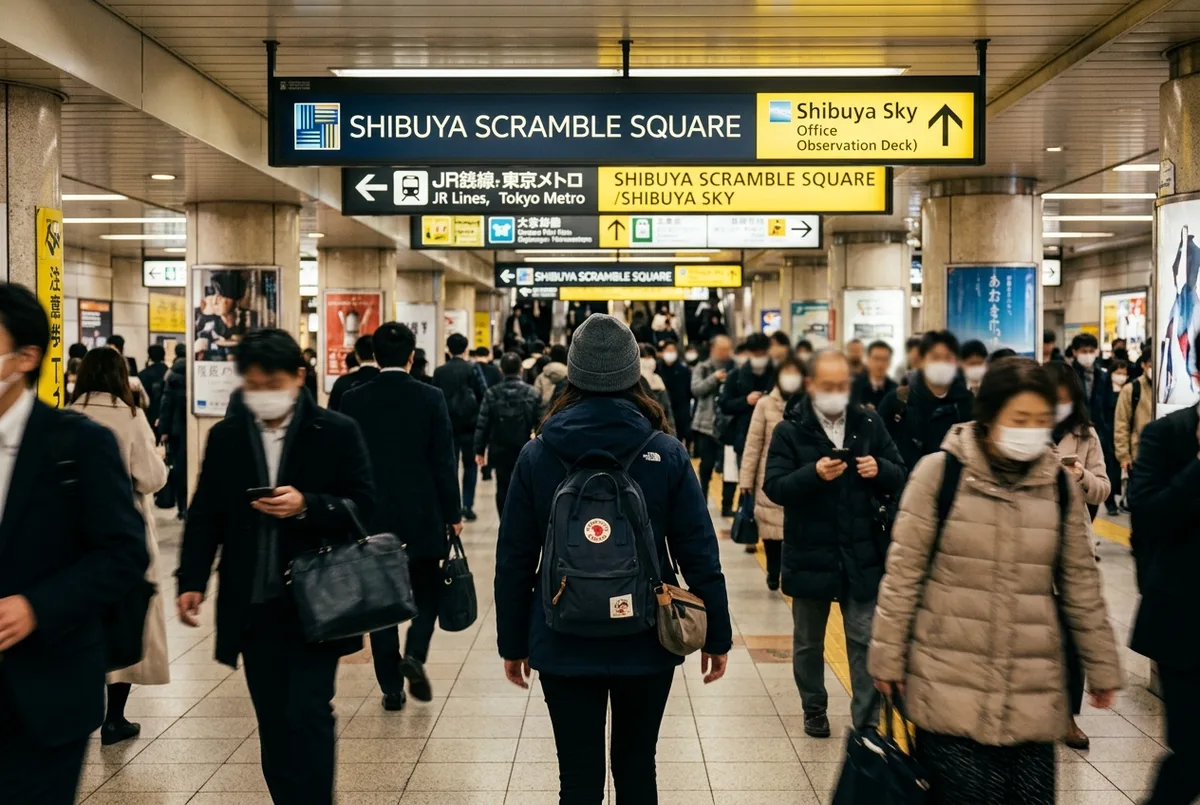 Traveler following signs inside Shibuya Station toward Shibuya Scramble Square, how to get to Shibuya Sky on a busy evening commute