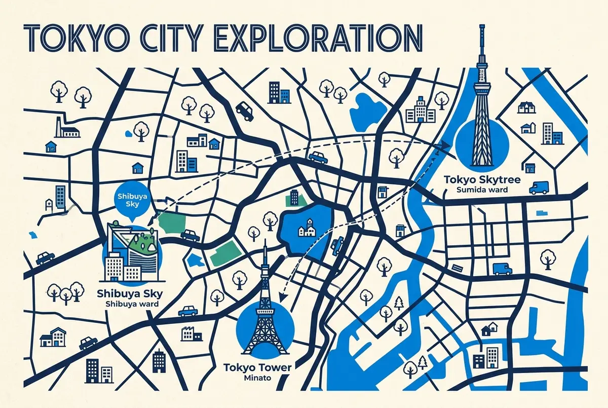 Simple map of Tokyo with generic labels for Tokyo Skytree in Sumida, Shibuya Sky in Shibuya and Tokyo Tower in Minato to show how far apart the viewpoints are