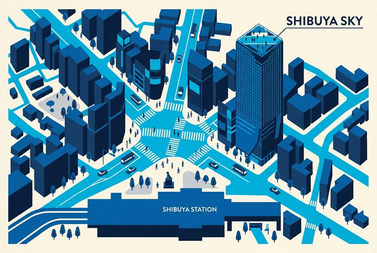 Simple bird's eye map of the Shibuya crossing with generic labels for Shibuya Station, Hachiko, Shibuya Scramble Square and the Shibuya Sky rooftop viewpoint