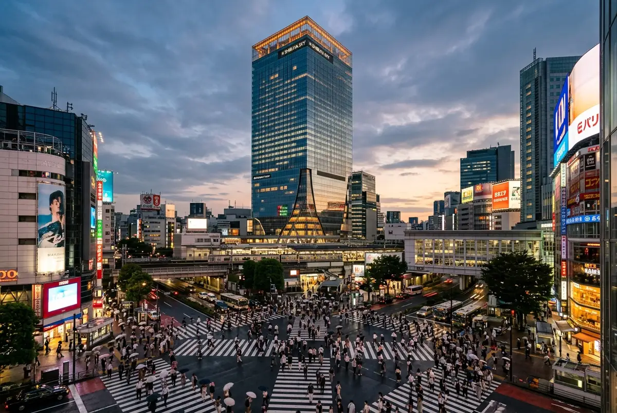 Shibuya Scramble Square tower rising above Shibuya Station and the scramble crossing at dusk, with the glass-fronted rooftop deck glowing at the top