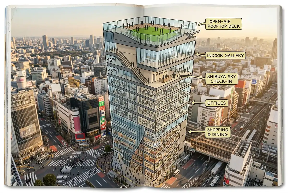 Floor by floor illustration of the Shibuya Scramble Square tower with generic labels for shops, offices, Shibuya Sky check-in, indoor gallery and open-air rooftop deck