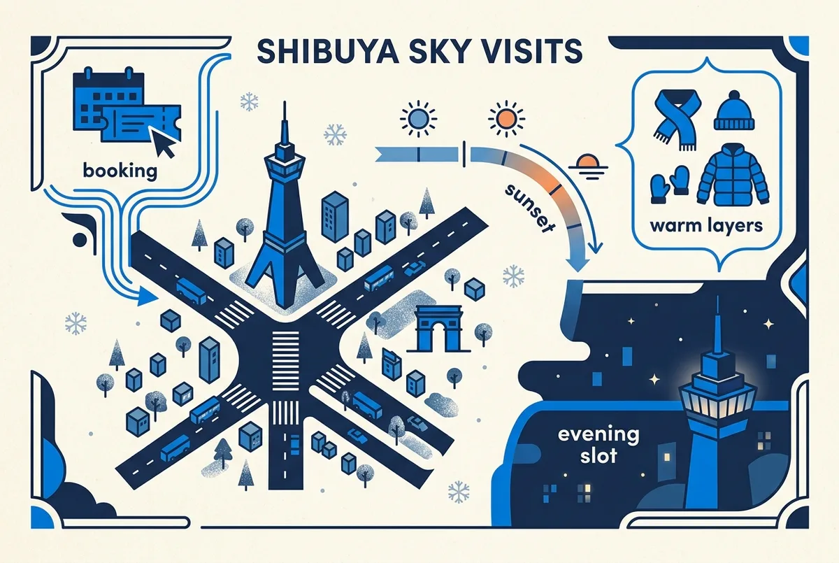 Winter planning infographic for a Shibuya Sky visit with generic labels for booking, sunset, evening slot and warm layers