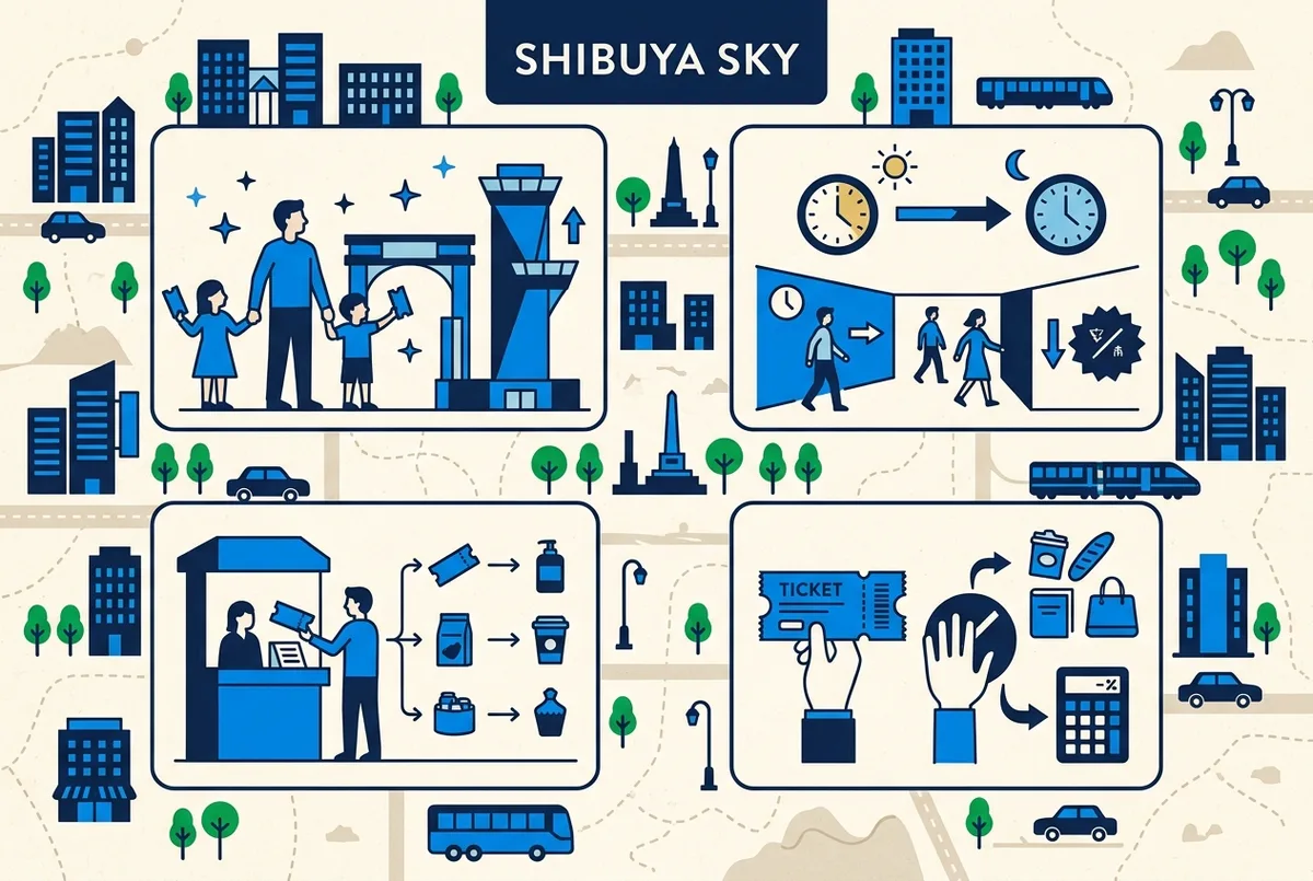 Infographic showing ways to pay less at shibuya sky: child rate, off-peak slot, right product and fewer extras, with generic labels only