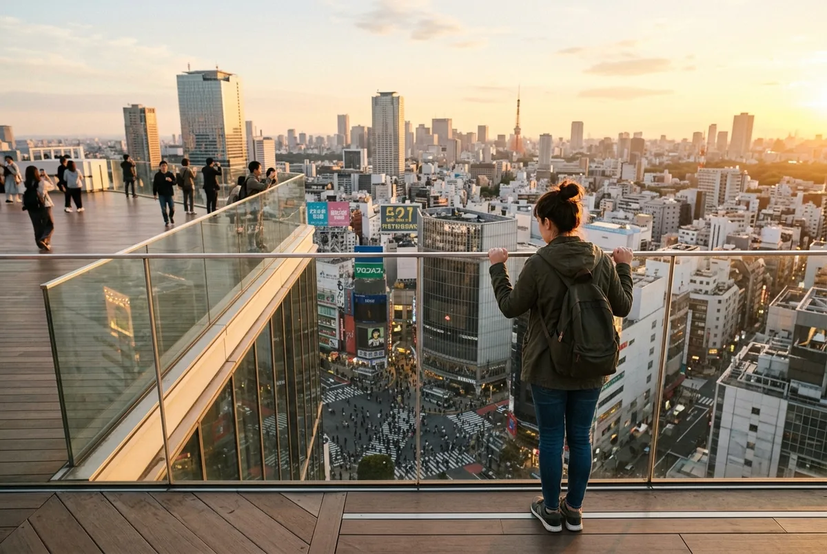 Shibuya sky height seen from the open-air rooftop deck, a traveler at the glass edge looking down at the Scramble Crossing far below at golden hour
