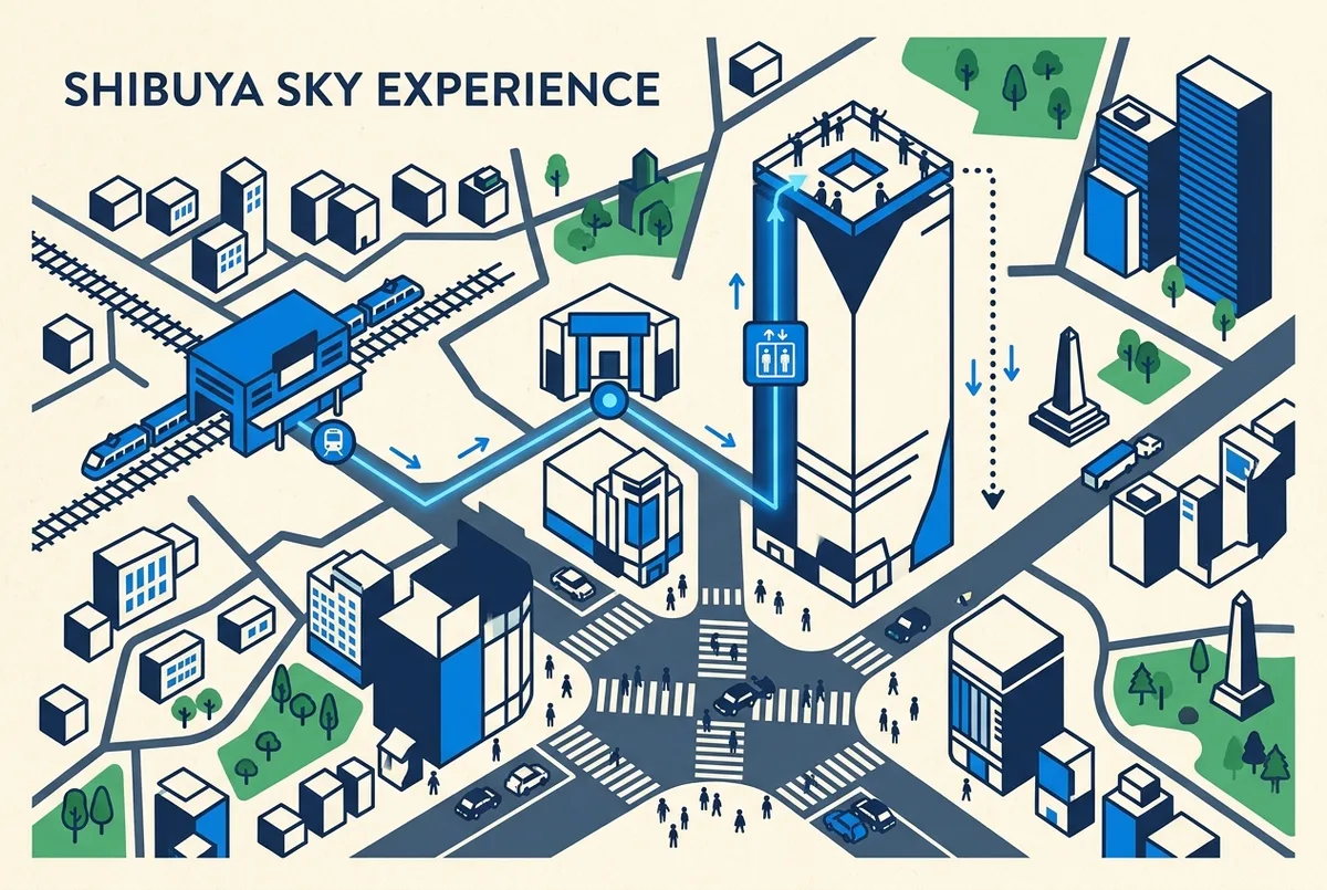 Map style infographic of the shibuya sky observation deck visit: Shibuya Station, Scramble Square entrance, lifts to the rooftop and the Scramble Crossing below, generic labels only