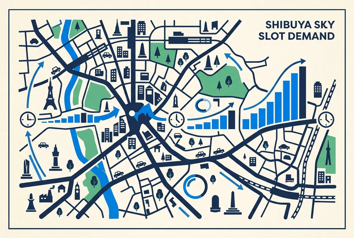 Planning map graphic showing Shibuya Sky slot demand by time of day, from morning to late night, with generic labels only