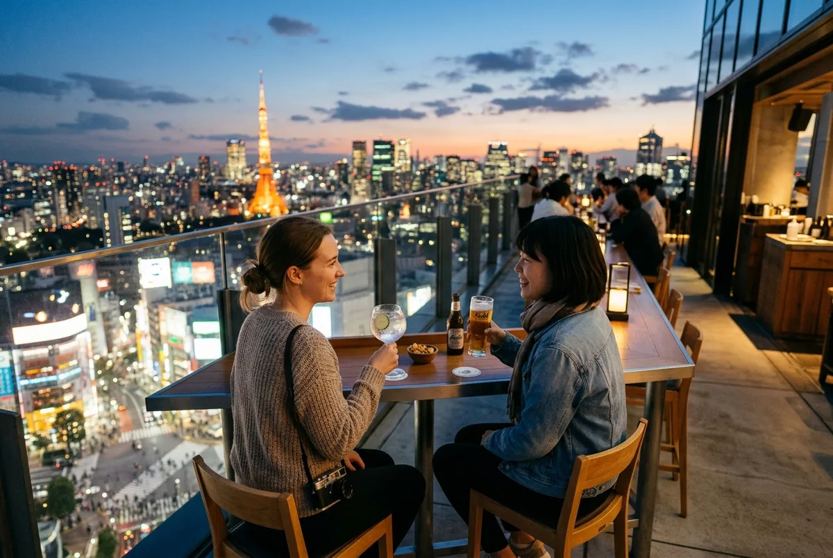 Two travelers with drinks at a rooftop bar counter on the Shibuya Sky deck at dusk, the Tokyo skyline glowing behind them