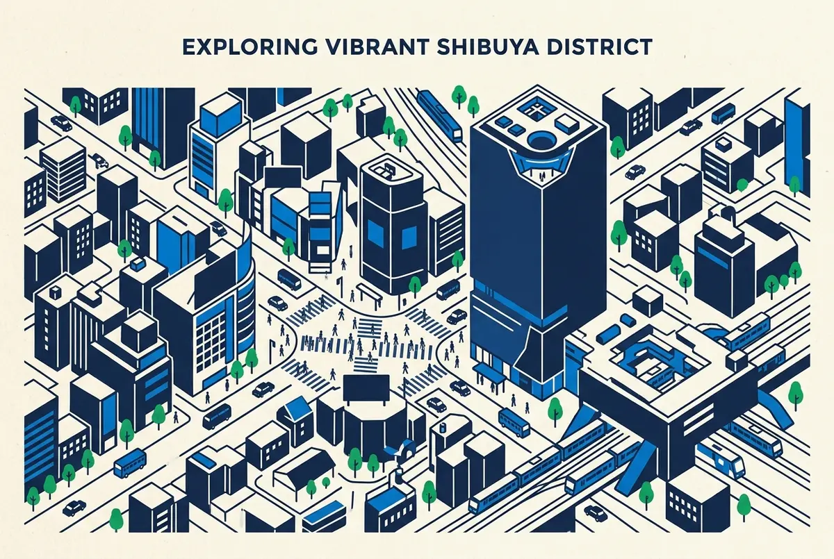 Map-style infographic of the area around Shibuya Scramble Square with generic labels for Shibuya Station, Scramble Square, the crossing and the deck entrance