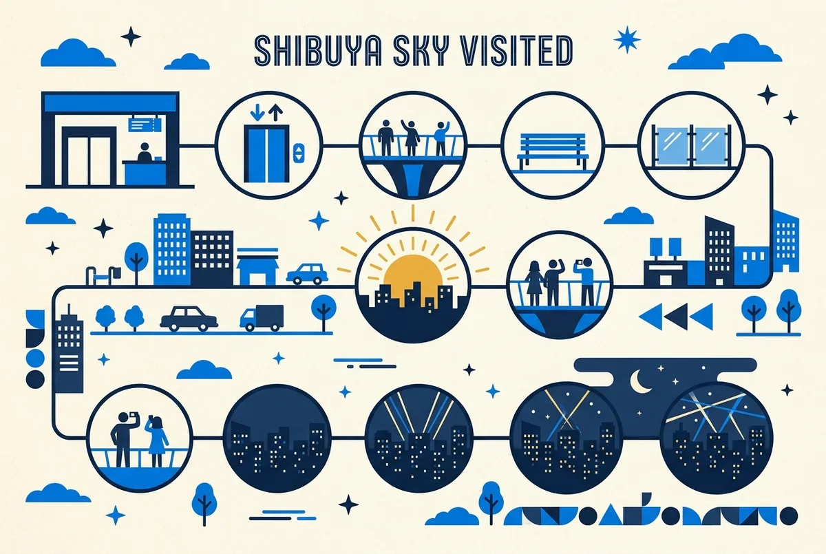 Infographic timeline of a Shibuya Sky sunset visit from check-in to golden hour to night lights, generic labels only, warm color palette