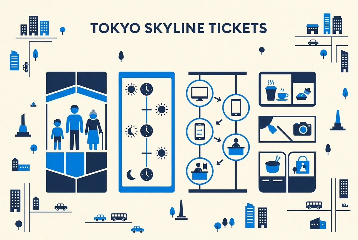 Prijsoverzicht in de vorm van een infographic: tours met dekticket van laag naar hoog geordend, met Shibuya Sky, Hachiko en de Scramble Crossing als vaste pictogrammen