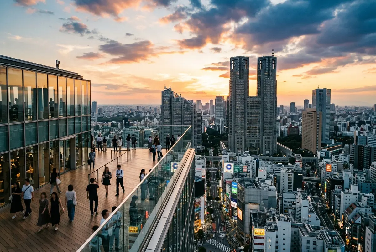 Shibuya Sky vs Tokyo Metropolitan Government Building: open-air Shibuya Sky rooftop at sunset beside the twin towers of the Tokyo Metropolitan Government Building in Shinjuku