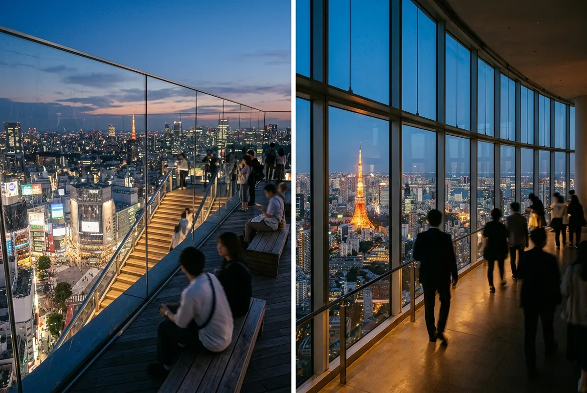 Shibuya Sky vs Tokyo City View Roppongi: two skyline observation decks at dusk, an open-air Shibuya rooftop and a glass-enclosed Roppongi Hills tower deck