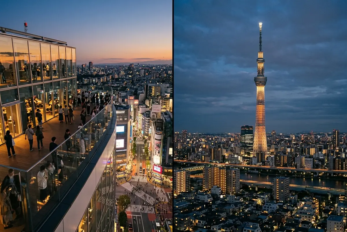 Split view comparing the Shibuya Sky open-air rooftop deck at dusk with the tall Tokyo Skytree tower rising above eastern Tokyo
