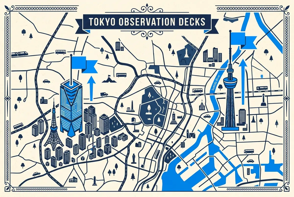Comparison infographic map of Tokyo with generic labels for Shibuya Sky in Shibuya and Tokyo Skytree in Sumida, showing the two decks in different parts of the city