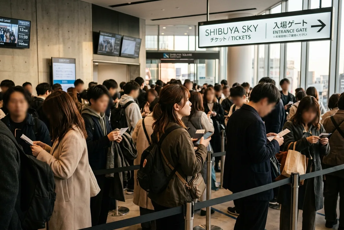 Traveler checking a shibuya sky walk in queue at the Scramble Square ticket area on a busy afternoon, Tokyo, natural light, slightly anxious mood