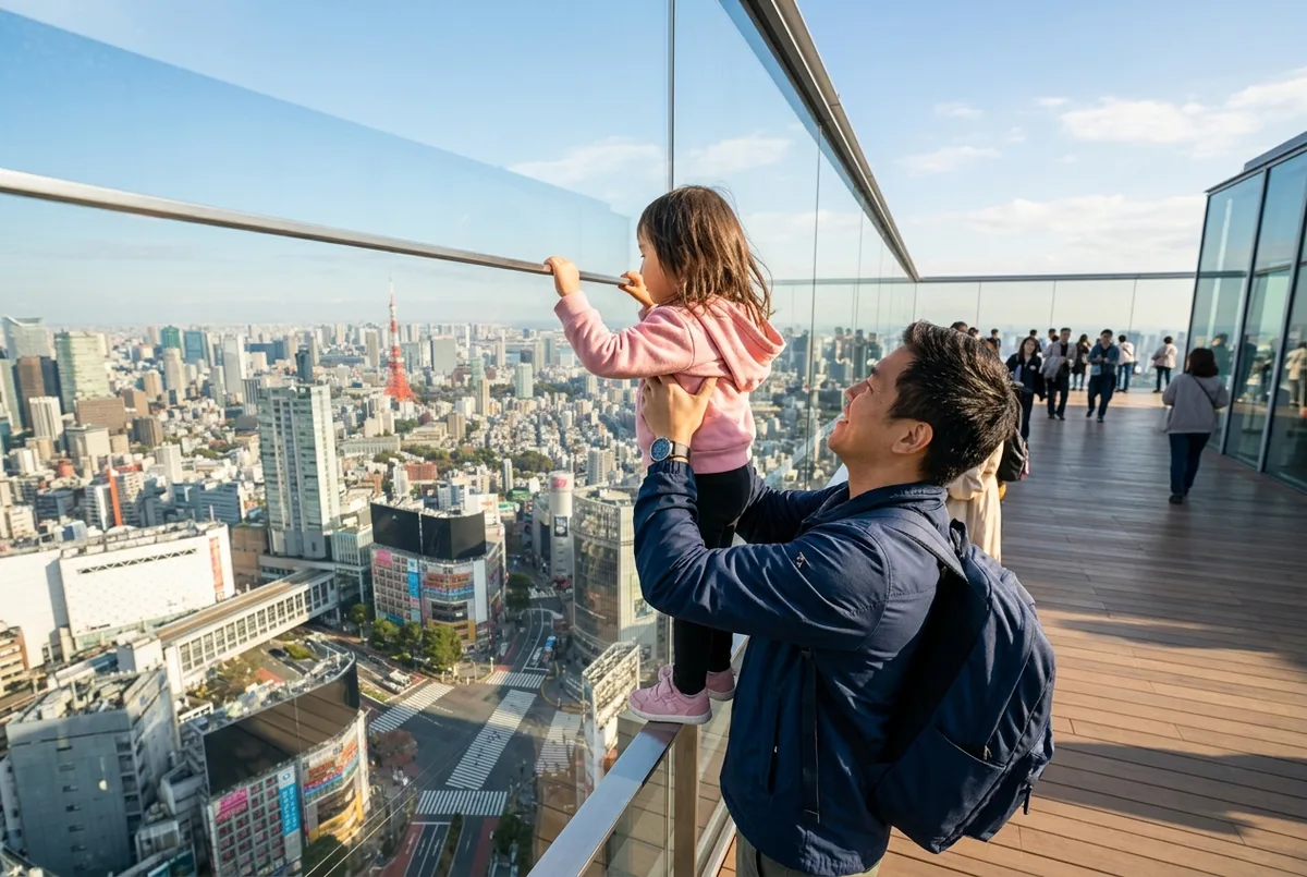 Parent holding a child up to see the Tokyo skyline from the Shibuya Sky with kids, bright morning light on the open-air rooftop