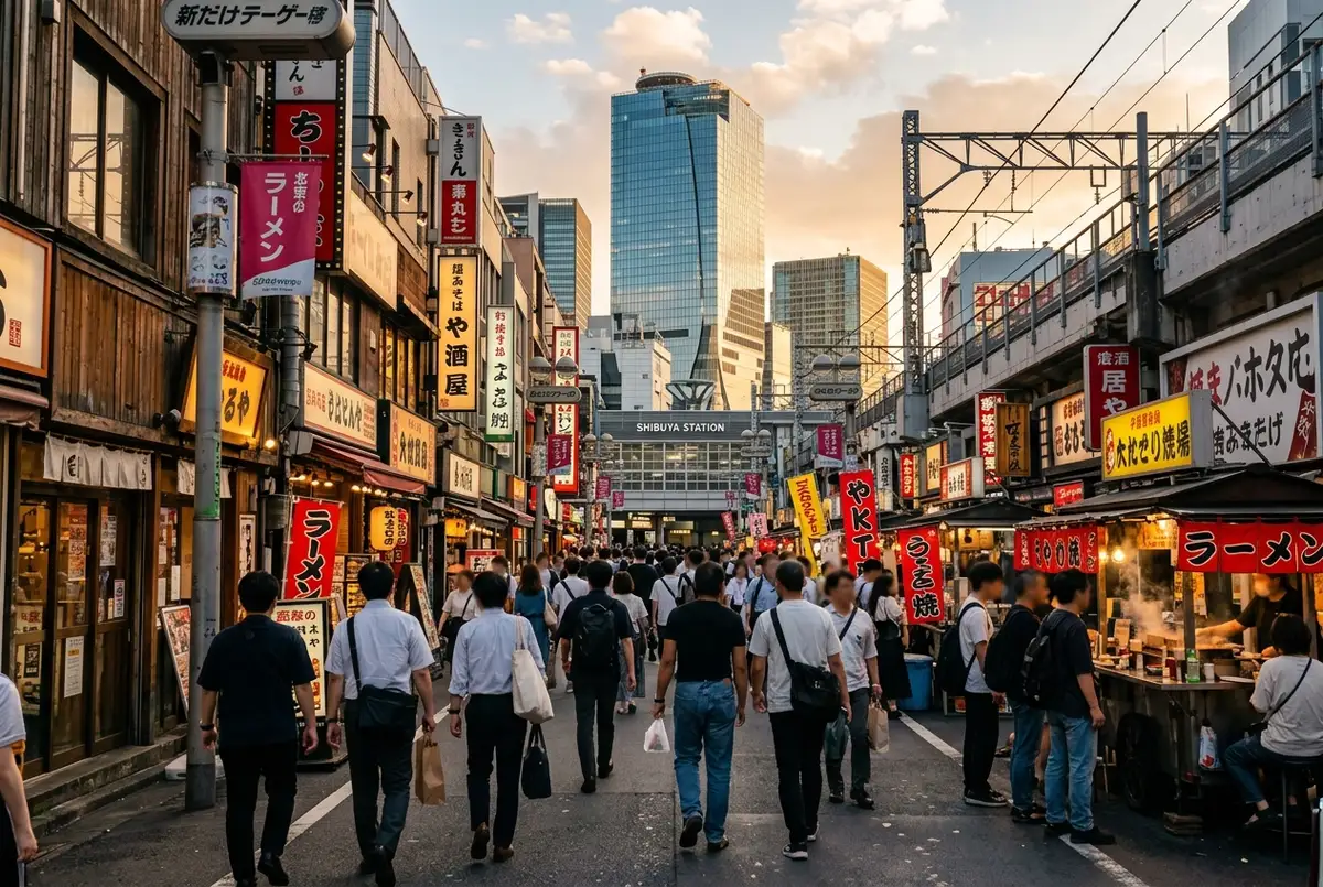 Things to do near Shibuya Sky: visitors walking a busy Shibuya street lined with shops and food stalls toward Shibuya Station in the late afternoon