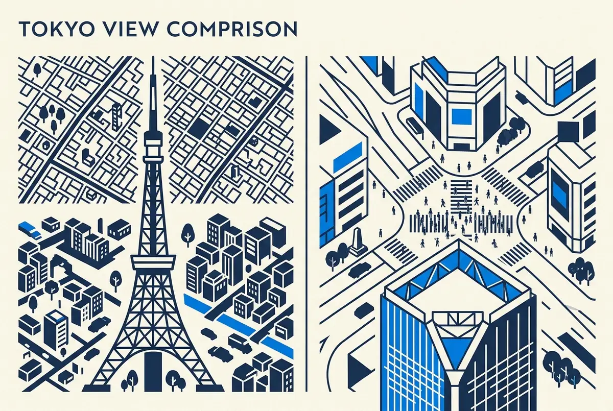 Comparison infographic with generic labels for Main Deck and Top Deck at Tokyo Tower next to the open-air rooftop at Shibuya Sky, showing the two kinds of view