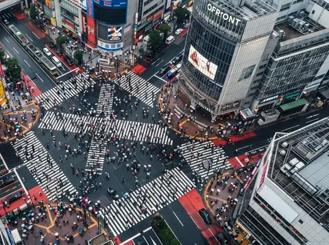 Shibuya Sky guided tour group at the Scramble Crossing