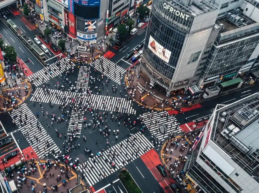 Shibuya Sky guided tour group at the Scramble Crossing