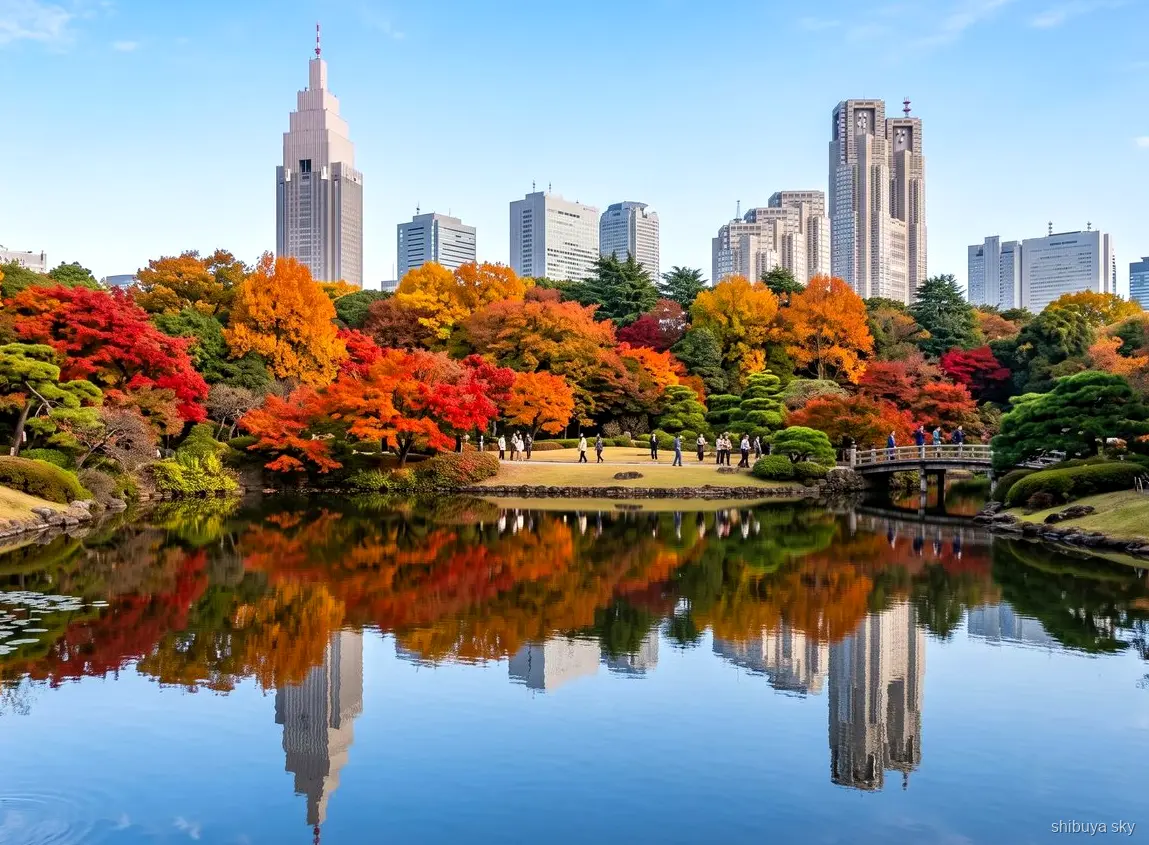 Shibuya Sky och Shinjuku Gyoen tur, trädgårdsdamm