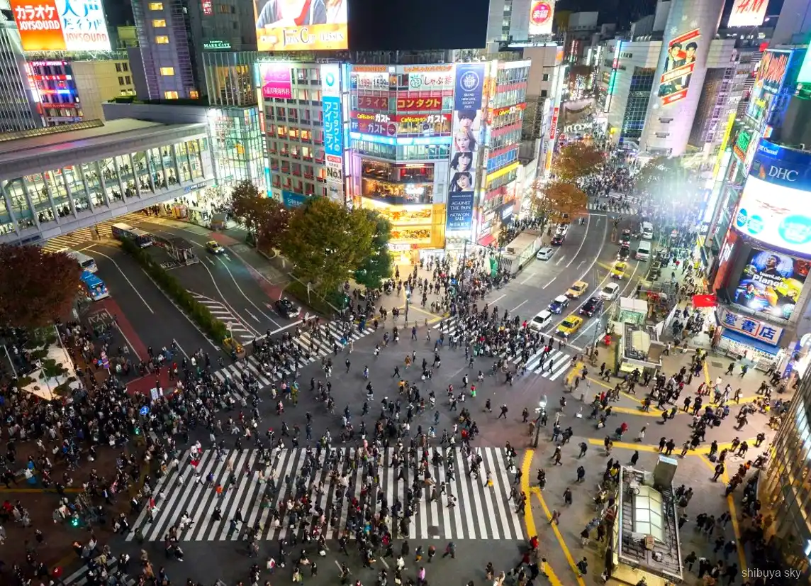 Visite de nuit Shibuya Sky, guide et visiteurs dans les rues aux néons